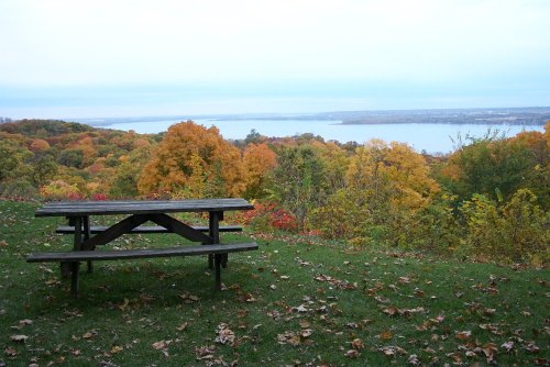 A picnic table overlooks a colorful autumn landscape with trees and a lake in the distance.