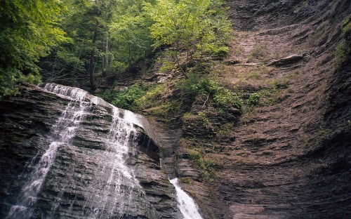 A cascading waterfall flows down a rocky cliff surrounded by lush green trees and vegetation.