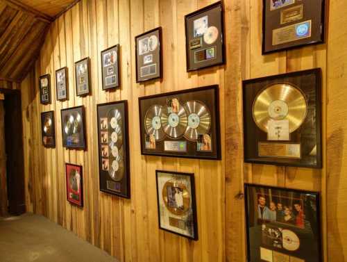 A wooden wall displaying various framed music awards and gold records.