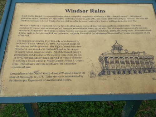 Sign about Windsor Ruins, detailing history and significance of the site in Mississippi, including Civil War connections.