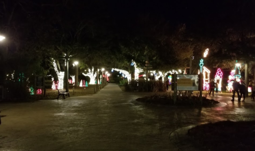 A pathway illuminated by colorful holiday lights, surrounded by trees and festive decorations at night.