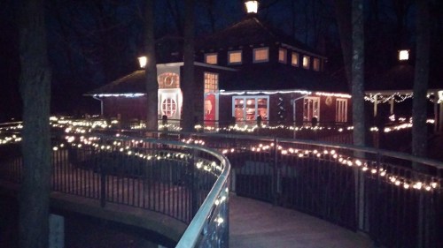A cozy building surrounded by trees, adorned with festive lights, creating a warm atmosphere at night.