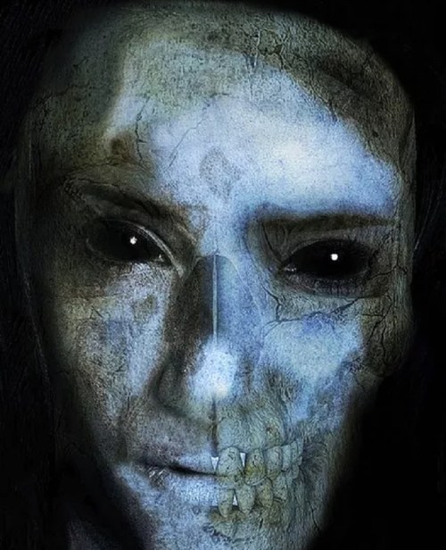 A haunting face blending human features with a skeletal appearance, set against a dark background.