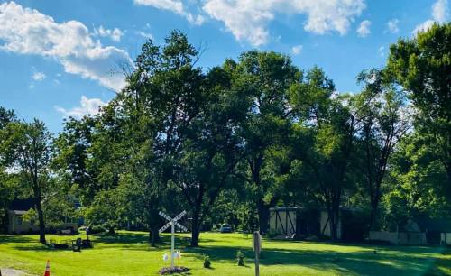 A sunny landscape featuring green trees, a grassy area, and a railroad crossing sign under a blue sky with clouds.
