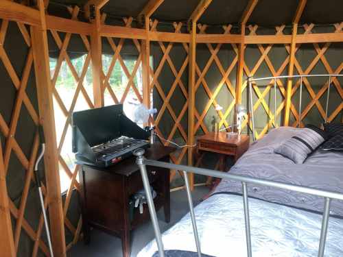 Cozy yurt interior featuring a bed, nightstands, and a small cooking area with a stove. Natural light filters in.