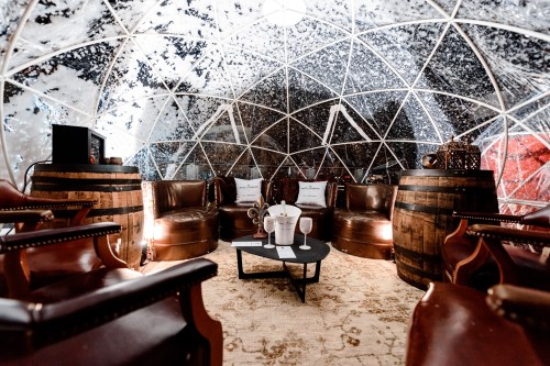Cozy interior of a geodesic dome with leather chairs, wooden barrels, and a central coffee table.