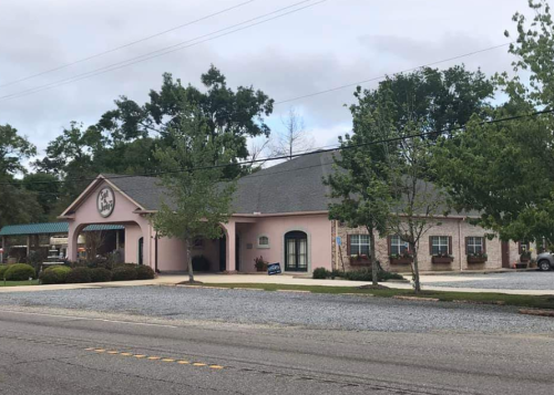 A pink building with a green awning, surrounded by trees and shrubs, located on a quiet street.