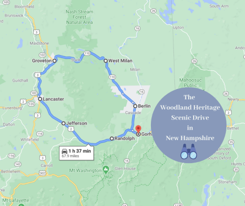 Map of the Woodland Heritage Scenic Drive in New Hampshire, highlighting a 67.9-mile route with key towns marked.
