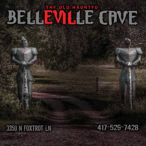 Two knight statues stand at the entrance of a path leading to Belleville Cave, with contact information displayed.