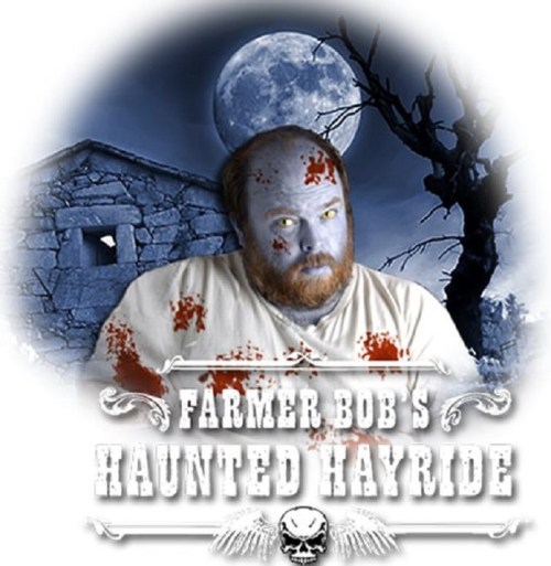 A zombie-like man with blood stains poses in front of a spooky backdrop, promoting Farmer Bob's Haunted Hayride.