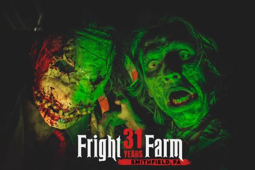 Two eerie, green-lit figures with grotesque masks and expressions, promoting Fright Farm in Smithfield, PA.