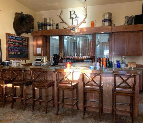 A rustic bar with wooden stools, a large bison head mounted on the wall, and various bottles displayed behind the counter.