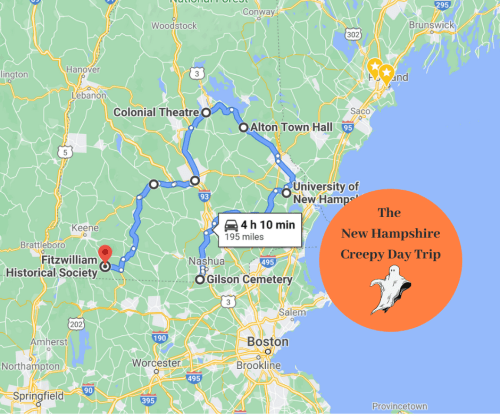 Map showing a route for the "New Hampshire Creepy Day Trip," highlighting key locations and travel time.