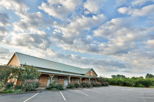 A rustic building with a green roof under a cloudy sky, surrounded by trees and an empty parking lot.