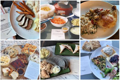 A collage of various dishes including meats, sides, and desserts, each paired with a menu card.