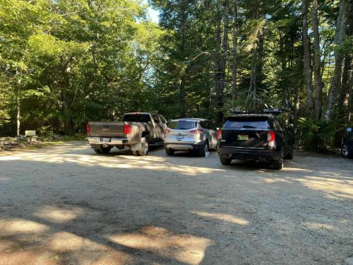 Three vehicles parked on a gravel area surrounded by trees in a wooded setting.