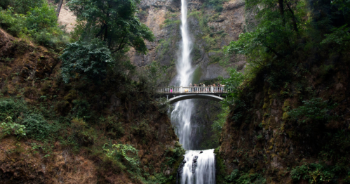 A scenic waterfall cascades down rocky cliffs, with a bridge crossing above, surrounded by lush greenery.