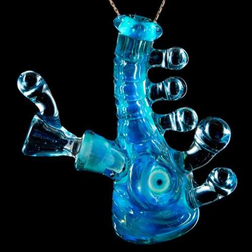 A colorful glass water pipe with a unique design featuring blue swirls and multiple bubbles.