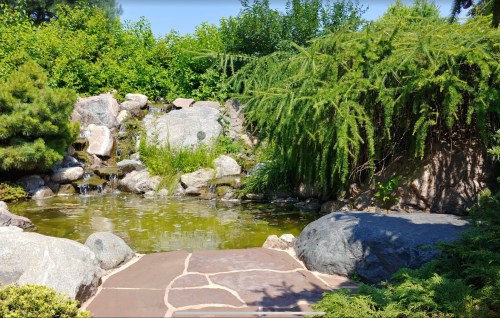 A serene pond surrounded by rocks and lush greenery under a clear blue sky.