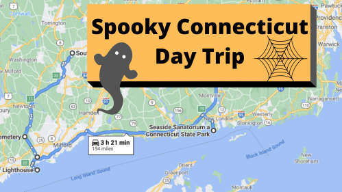 Map highlighting a spooky day trip in Connecticut, featuring a ghost graphic and travel details.