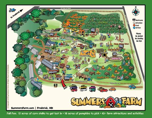 Map of Summers Farm in Frederick, MD, featuring attractions, activities, and areas for corn and pumpkin picking.