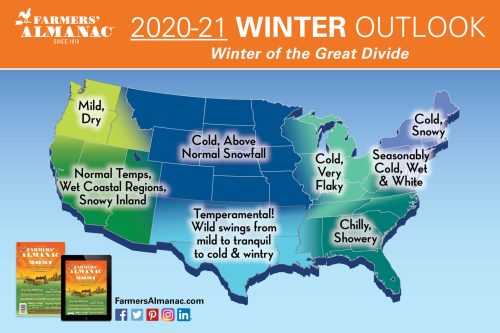 Map showing the 2020-21 winter outlook for the U.S., highlighting various regional weather conditions.