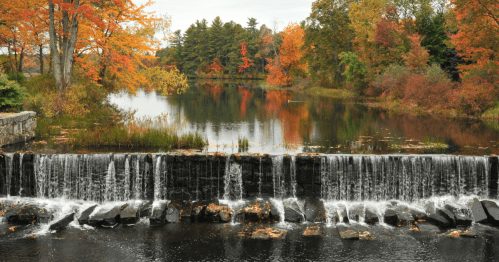 A serene waterfall cascades over rocks, surrounded by vibrant autumn foliage reflecting in the calm water.