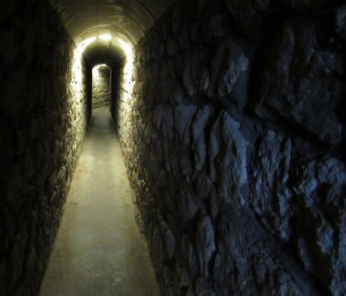 A dimly lit stone tunnel with a narrow pathway and illuminated walls, creating a mysterious atmosphere.