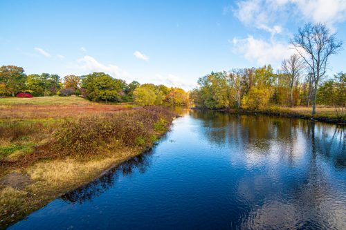A serene river flows through a colorful autumn landscape with trees and blue skies.