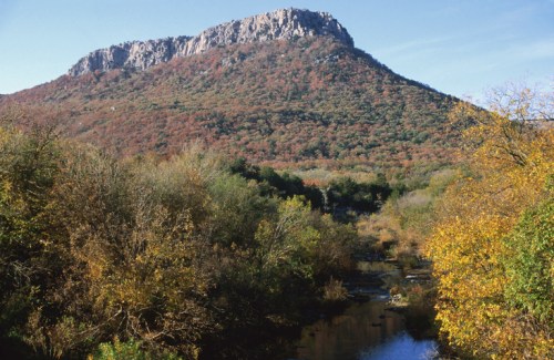 A scenic view of a mountain with autumn foliage and a river in the foreground under a clear blue sky.