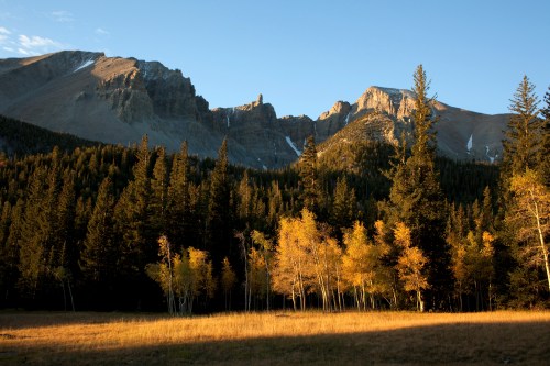 A scenic view of mountains with golden autumn trees in the foreground, bathed in warm sunlight.