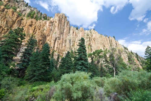 A rocky cliff rises above a dense forest of evergreen trees under a partly cloudy sky.