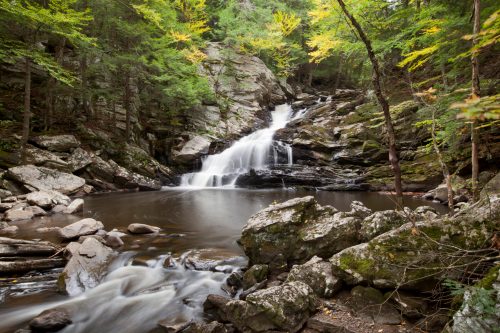 A serene waterfall cascades over rocks into a calm pool, surrounded by lush green trees and autumn foliage.