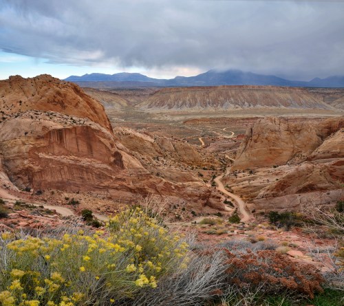 A scenic view of a rugged canyon landscape with winding paths, rocky formations, and distant mountains under a cloudy sky.