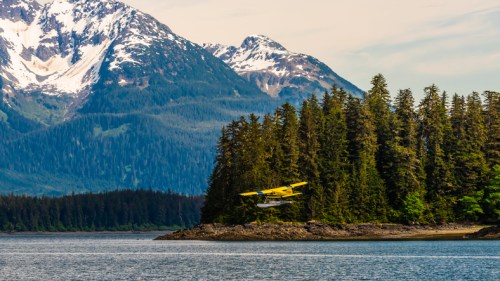 A yellow seaplane flies low over a calm lake, surrounded by lush forests and snow-capped mountains in the background.