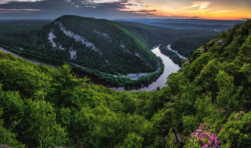 A panoramic view of a lush green valley with a winding river at sunset, surrounded by mountains and blooming flowers.