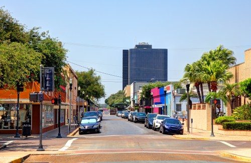 A sunny street scene with shops, parked cars, and a tall black building in the background. Palm trees line the sidewalk.