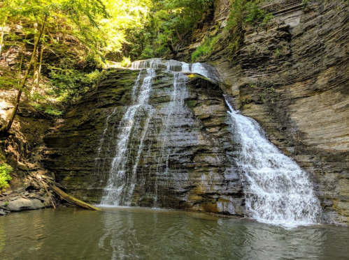 A serene waterfall cascading over rocky cliffs into a calm pool, surrounded by lush green trees.