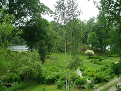 Lush green landscape with trees, shrubs, and a serene lake in the background on a cloudy day.