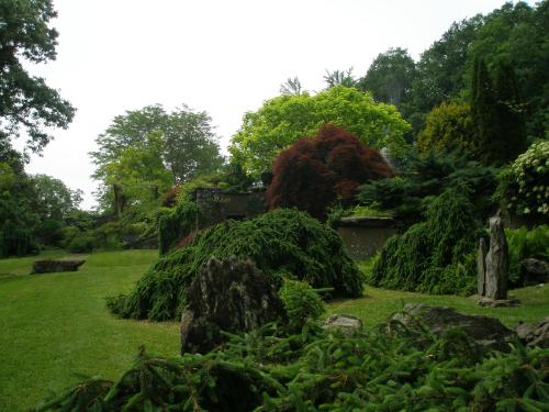 Lush garden with various trees and shrubs, featuring green foliage and rocky formations under a cloudy sky.
