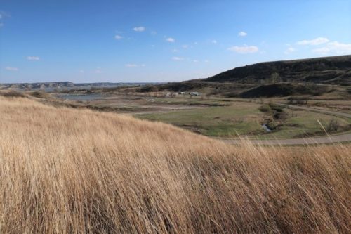 A scenic view of rolling hills and a river, with tall grass in the foreground under a clear blue sky.