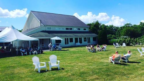 A sunny outdoor scene with a barn, white chairs, and people relaxing on a grassy lawn under a blue sky.