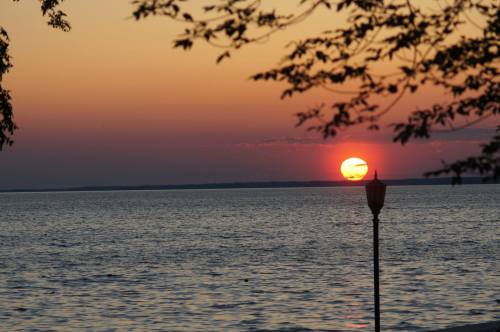 A serene sunset over a calm lake, framed by tree branches and a lamppost in the foreground.
