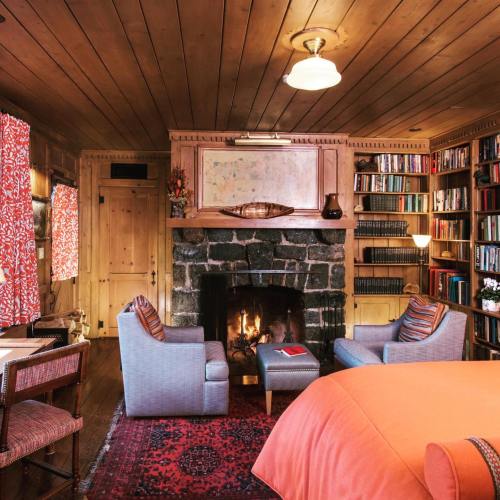 Cozy room with a stone fireplace, bookshelves, and comfortable seating, featuring warm wood tones and vibrant curtains.