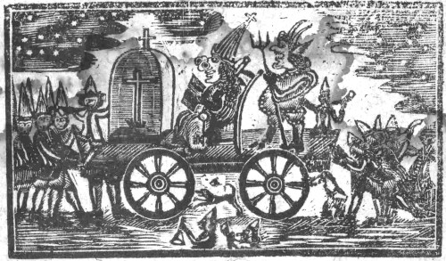 A historical illustration of figures on a cart, surrounded by people and creatures, depicting a scene of celebration or procession.