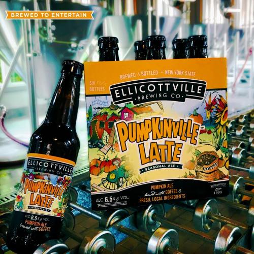A six-pack of Ellicottville Brewing Co.'s Pumpkinville Latte seasonal ale, with a single bottle beside it.