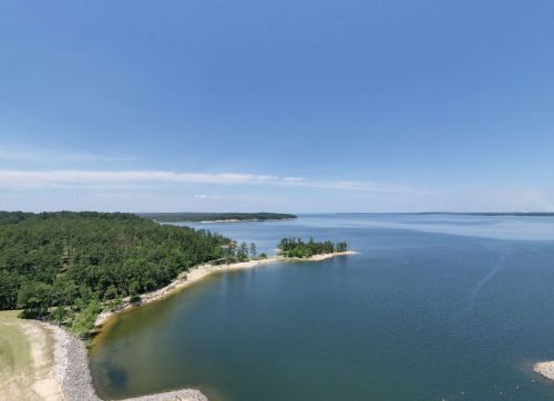 A serene lake view with lush green trees lining the shore under a clear blue sky.