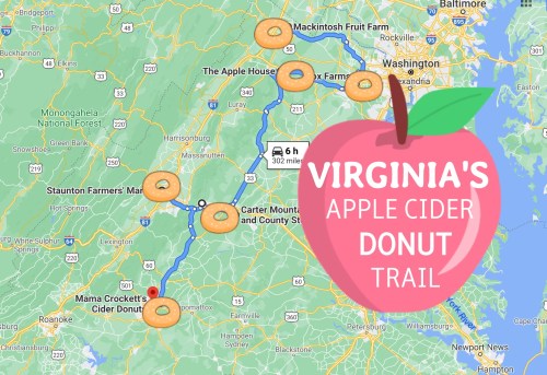 Map of Virginia's Apple Cider Donut Trail, highlighting various stops and attractions along the route.