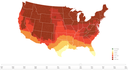 Map showing the progression of fall foliage across the U.S. from September to November, with color-coded regions.
