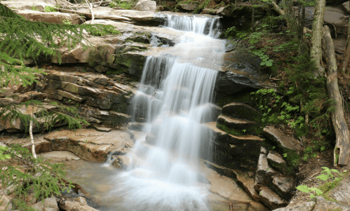 A serene waterfall cascading over rocky terrain, surrounded by lush greenery and trees.